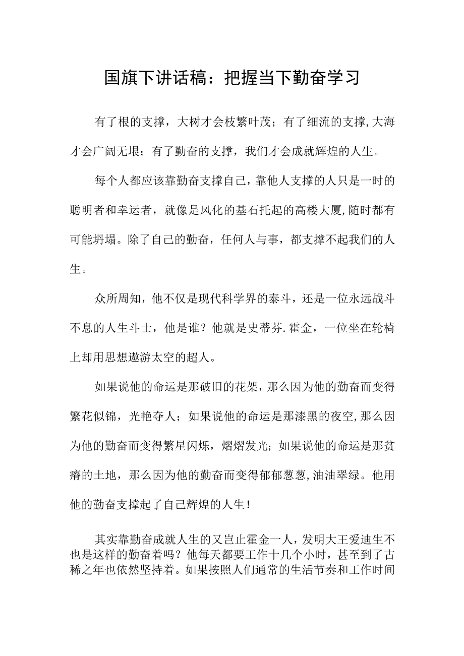 国旗下讲话稿：把握当下 勤奋学习.docx_第1页