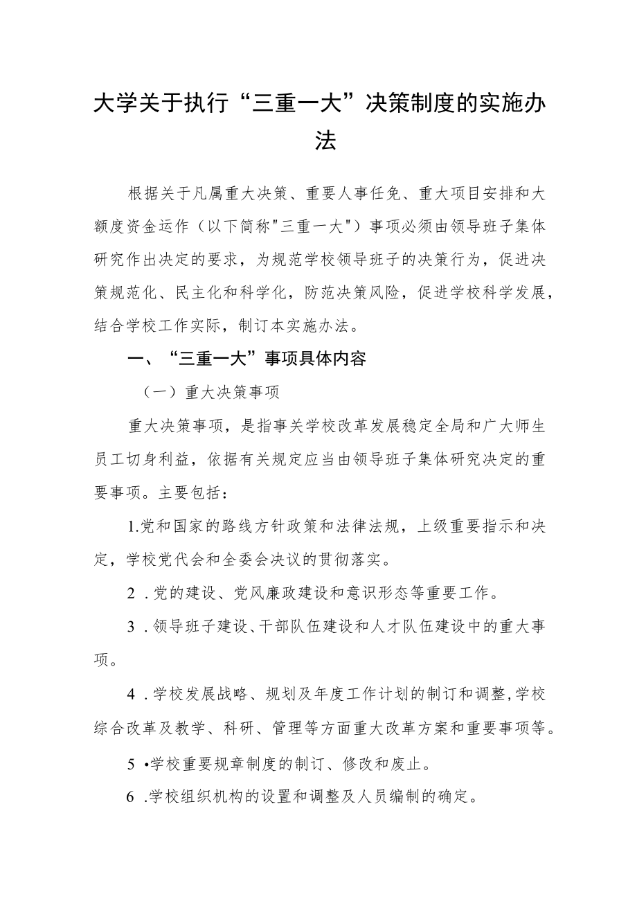 大学关于执行“三重一大”决策制度的实施办法.docx_第1页