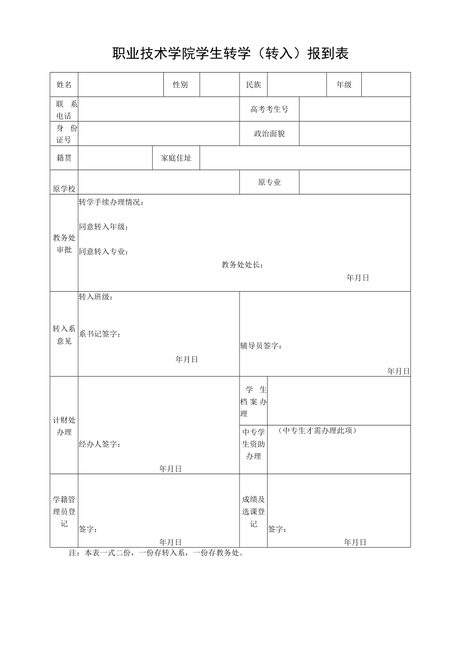 职业技术学院学生转学（转入）报到表.docx_第1页