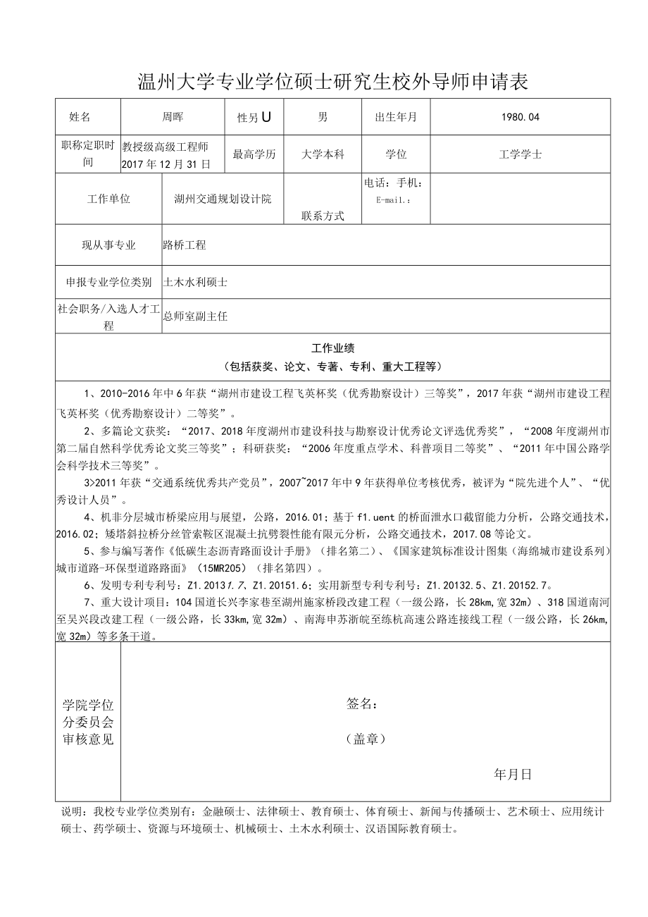 温州大学专业学位硕士研究生校外导师申请表.docx_第1页