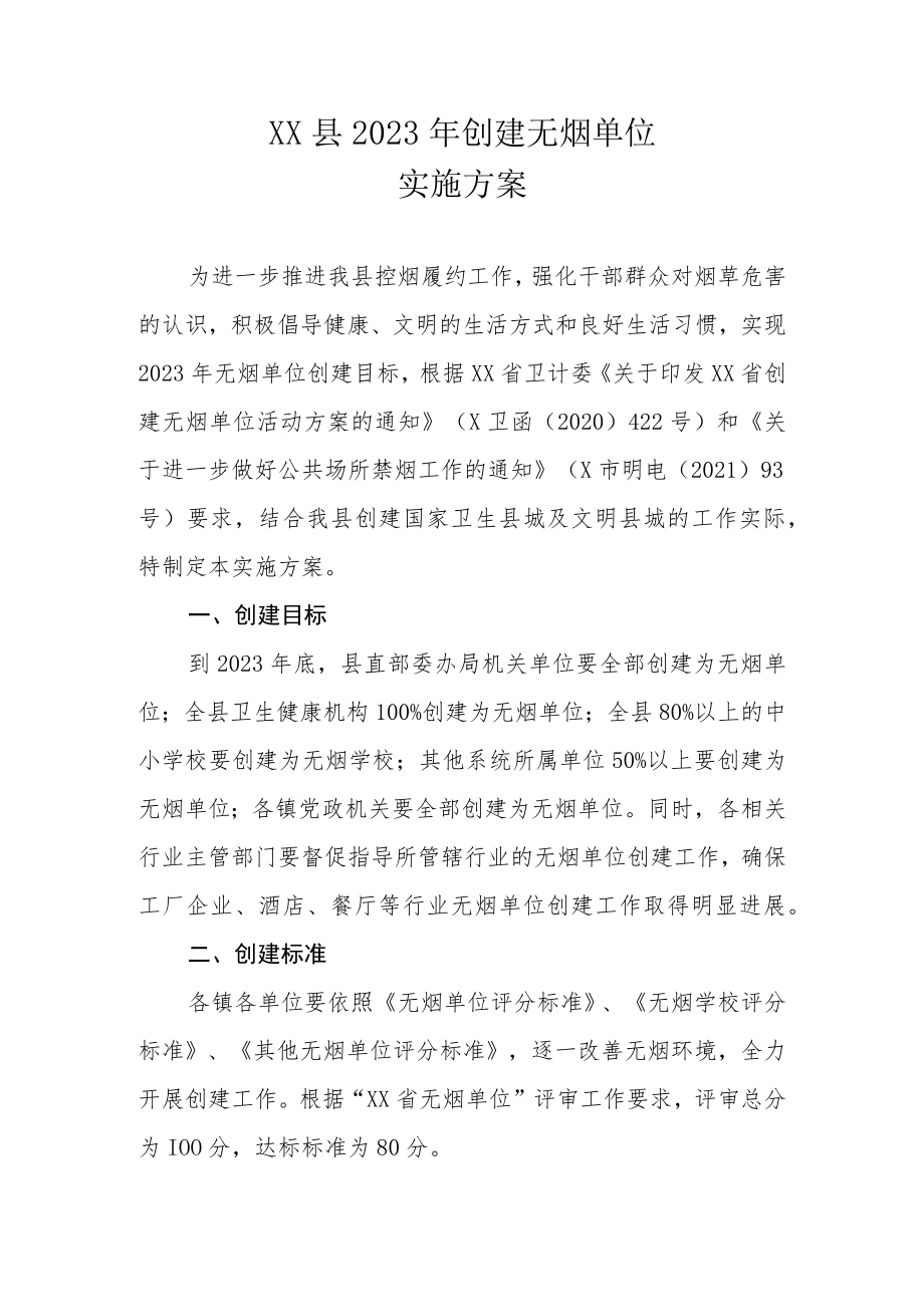 XX县2023年创建无烟单位实施方案.docx_第1页