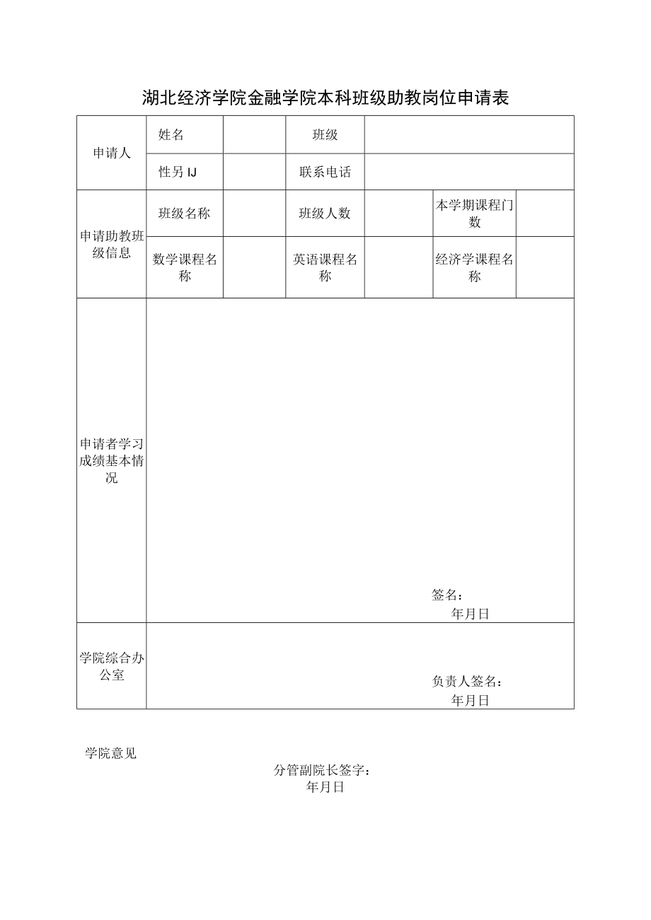 湖北经济学院金融学院本科班级助教岗位申请表.docx_第1页