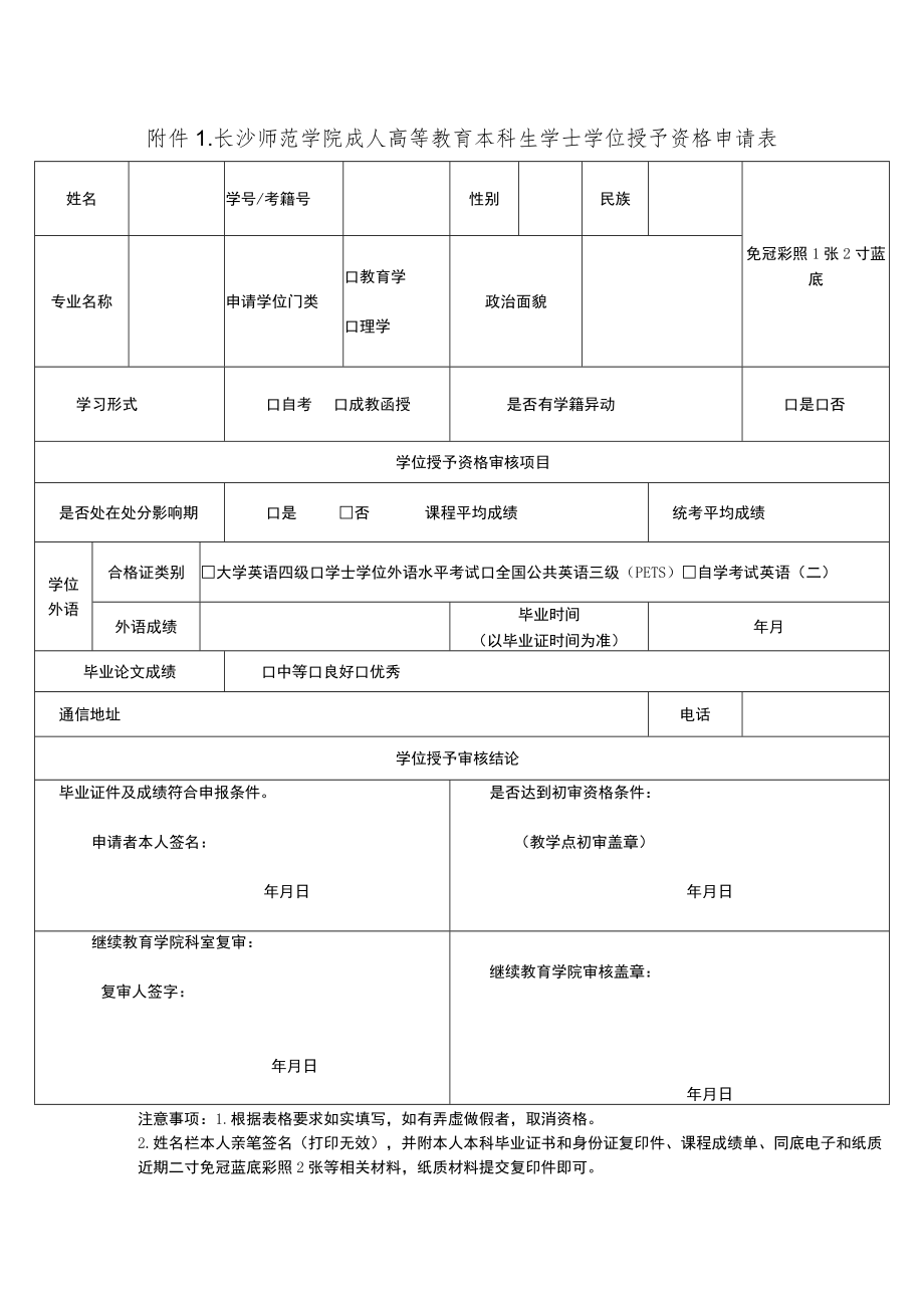 长沙师范学院成人高等教育本科生学士学位授予资格申请表.docx_第1页