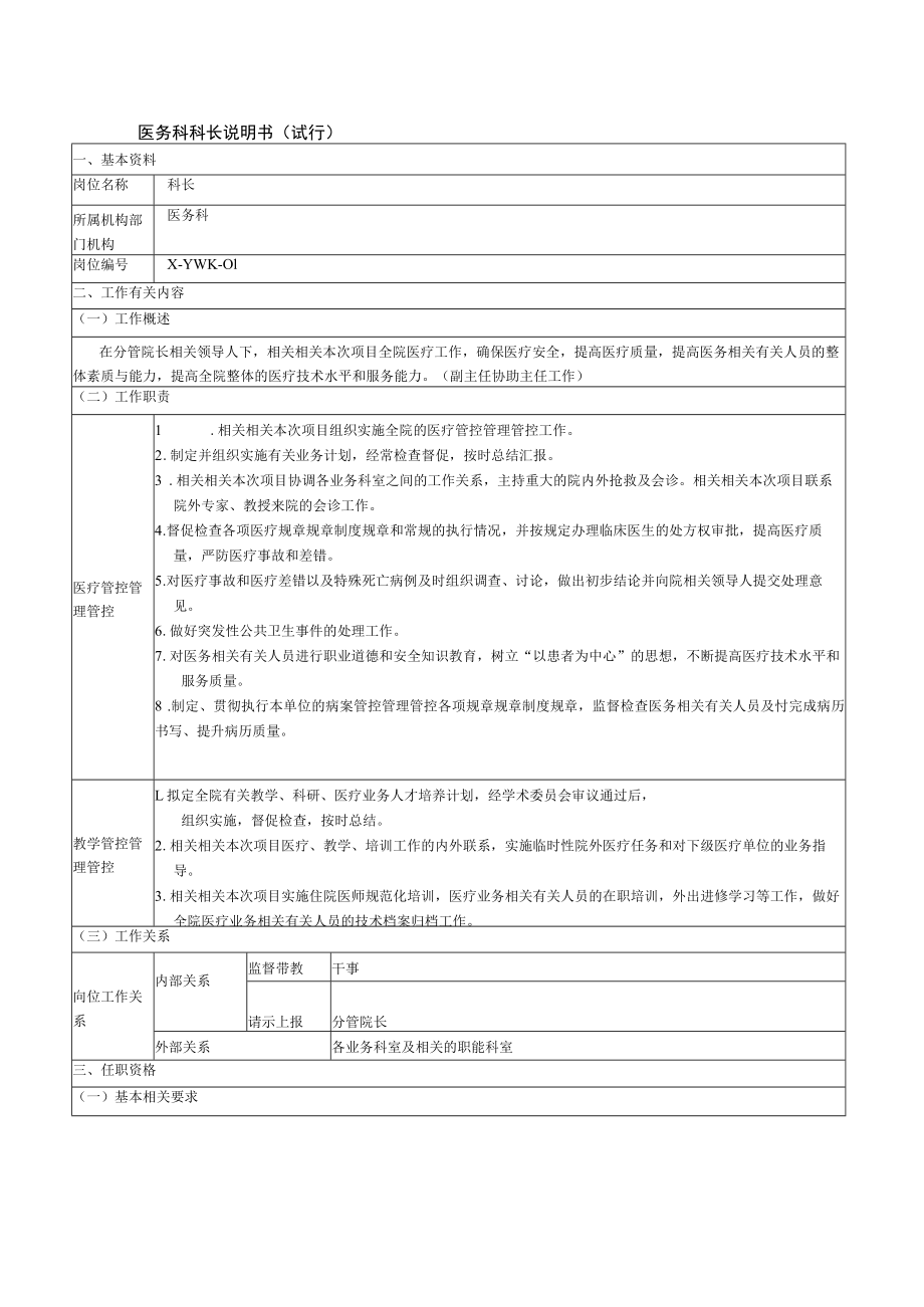 办公文档范本医务科科长岗位说明书.docx_第1页