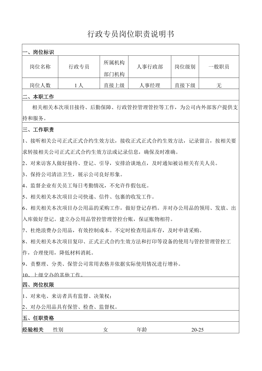 办公文档范本行政专员岗位职责说明书.docx_第1页