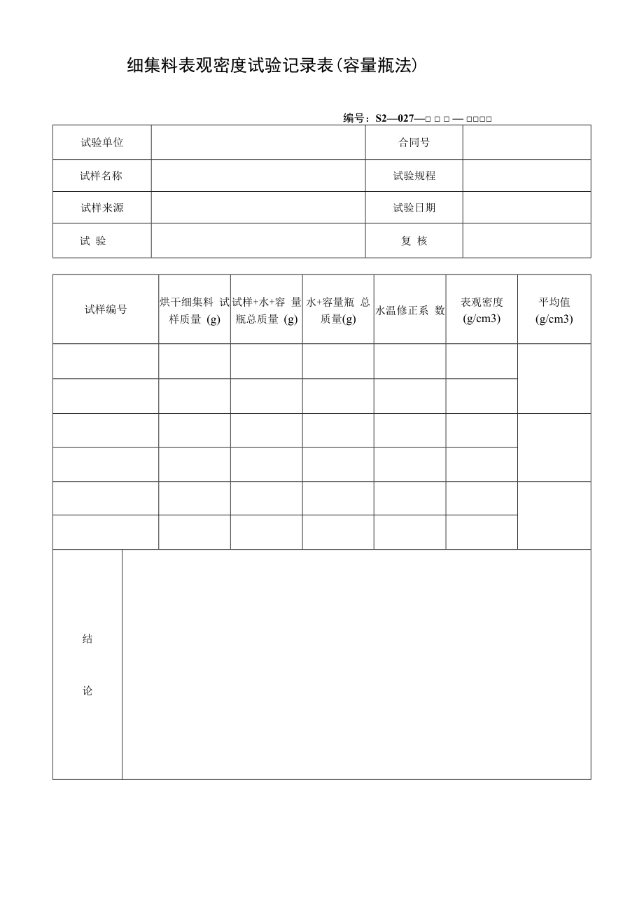 细集料表观密度试验记录表（容量瓶法）.docx_第1页