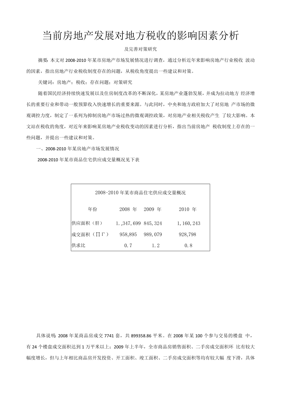 当前房地产发展对地方税收的影响因素分析1.docx_第1页