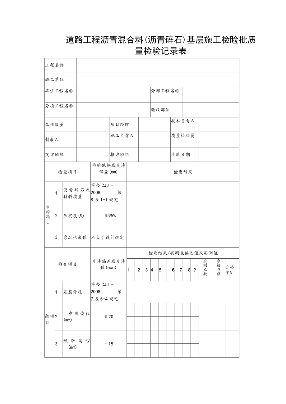 道路工程沥青混合料（沥青碎石）基层施工检验批质量检验记录表.docx_第1页
