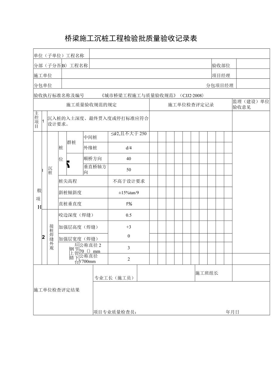 桥梁施工沉桩工程检验批质量验收记录表.docx_第1页