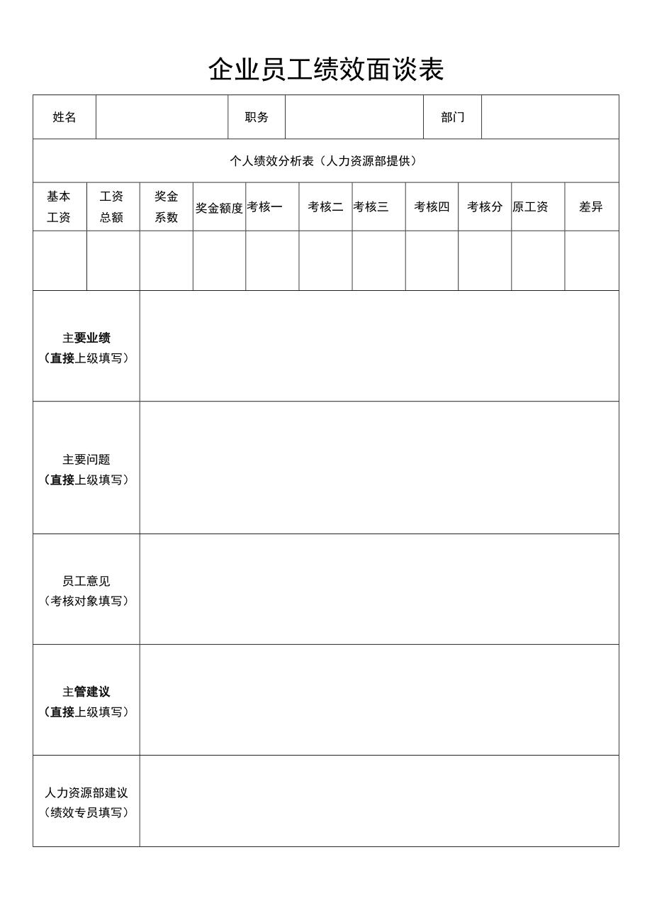 企业员工绩效面谈表.docx_第1页