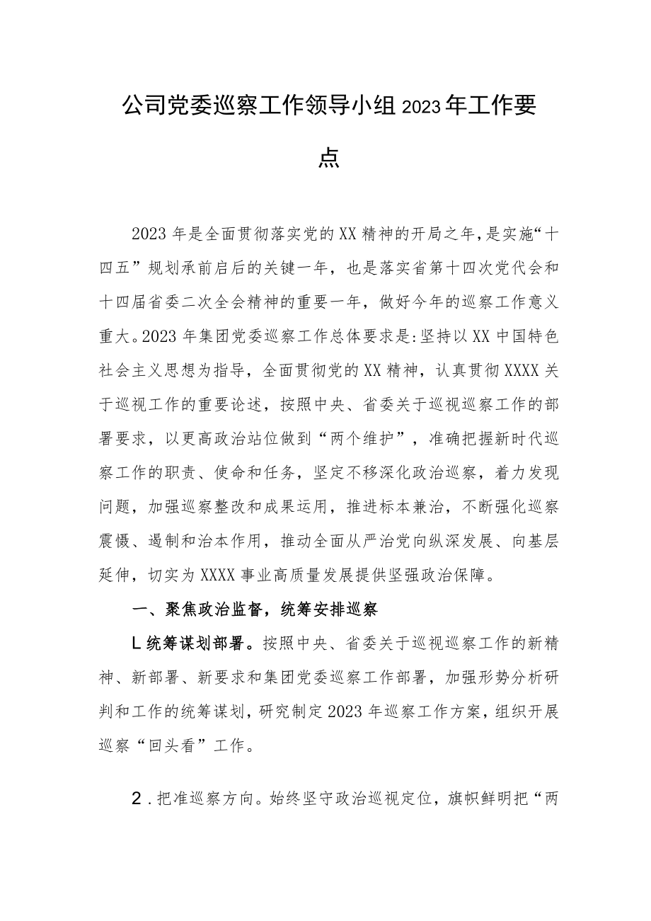 公司党委巡察工作领导小组2023年工作要点.docx_第1页