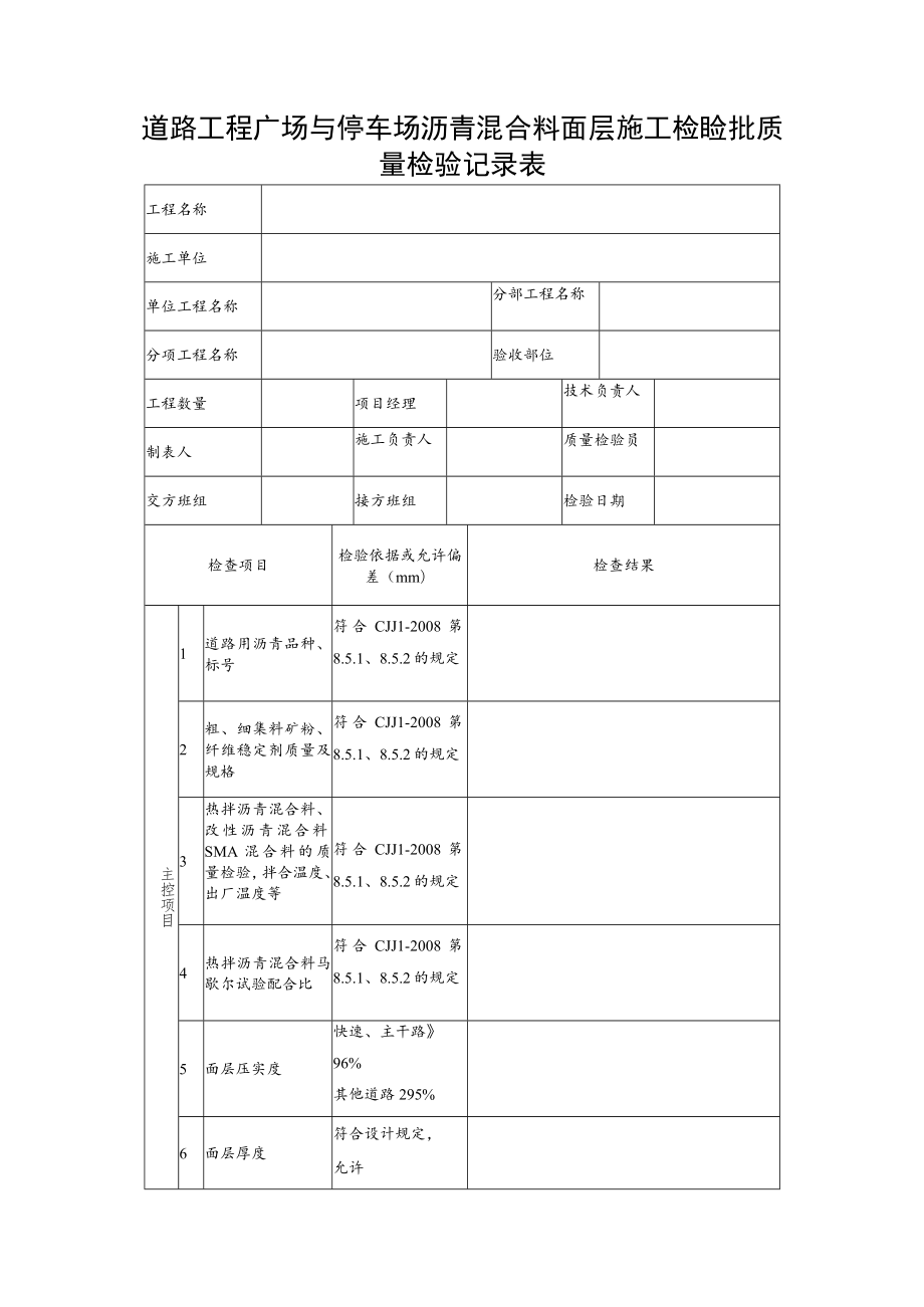 道路工程广场与停车场沥青混合料面层施工检验批质量检验记录表.docx_第1页