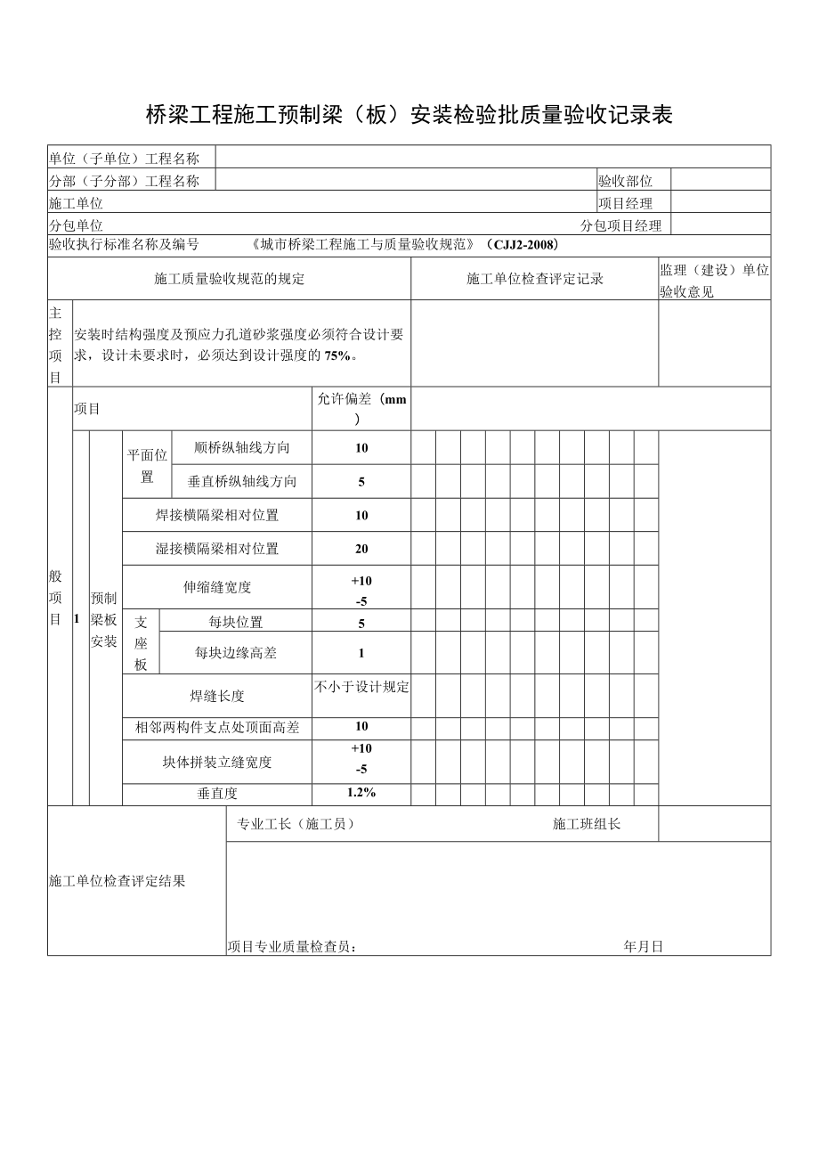 桥梁工程施工预制梁（板）安装检验批质量验收记录表.docx_第1页