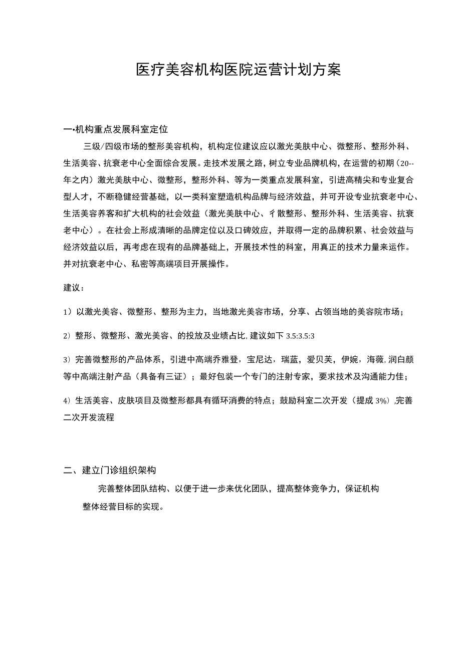 医疗美容机构医院运营计划方案.docx_第1页