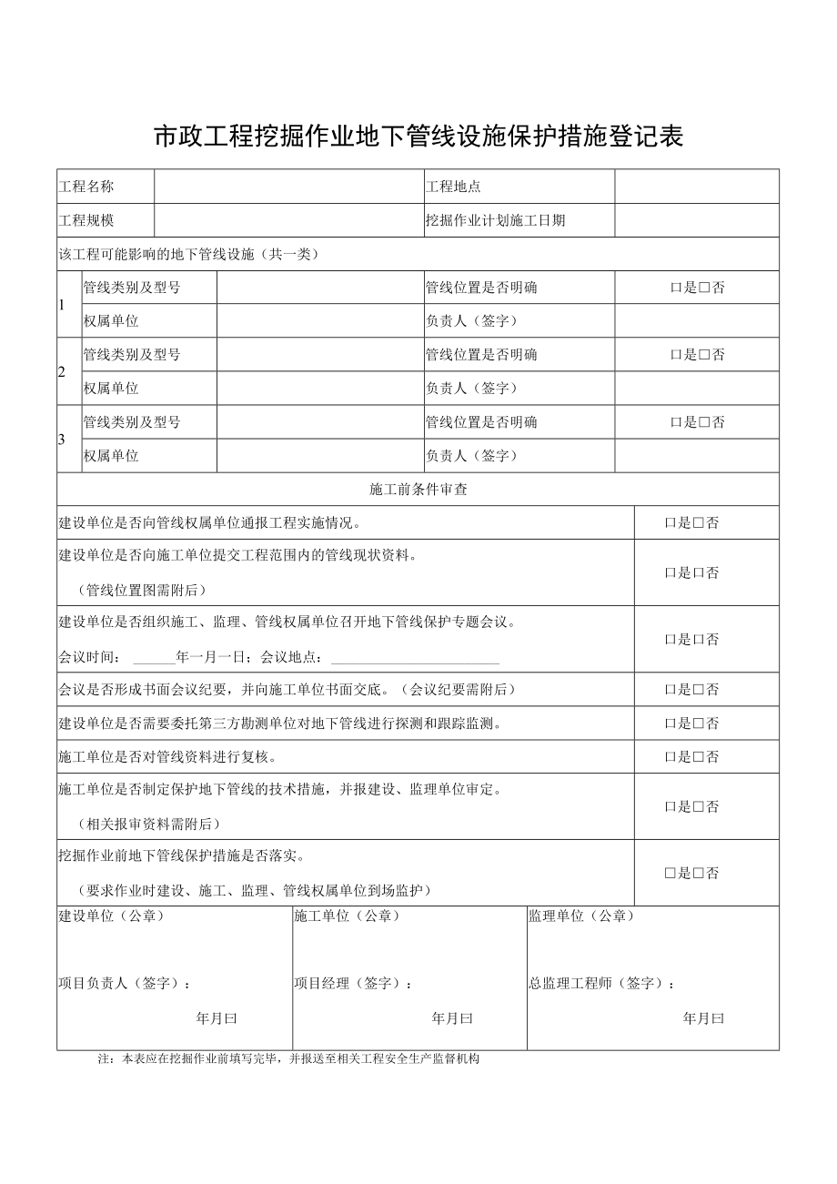 市政工程挖掘作业地下管线设施保护措施登记表.docx_第1页