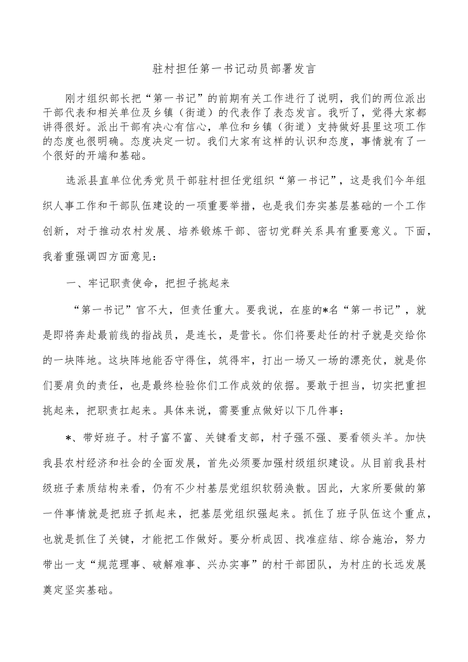 驻村担任第一书记动员部署发言.docx_第1页