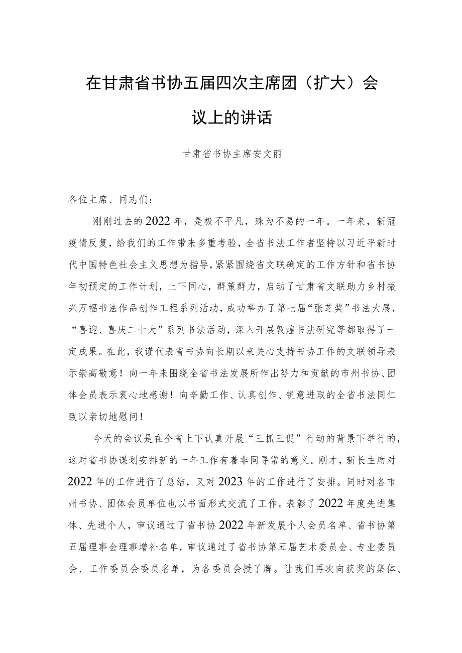 甘肃省书协主席安文丽：在甘肃省书协五届四次主席团（扩大）会议上的讲话（20230225）.docx_第1页