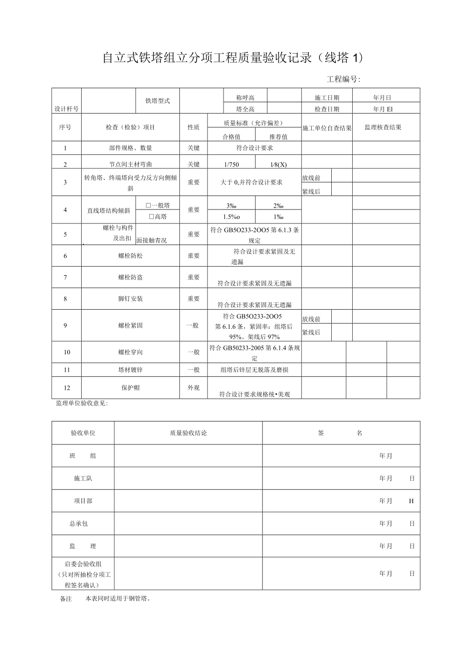 自立式铁塔组立分项工程质量验收记录(线塔1).docx_第1页