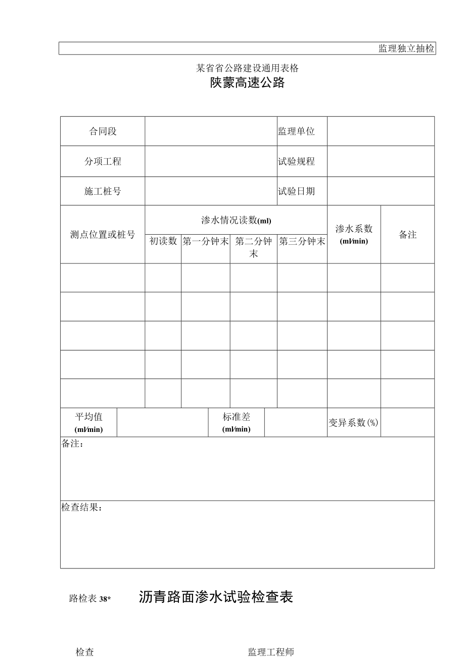 路检表38(监理)沥青路面渗水试验检查表工程文档范本.docx_第1页