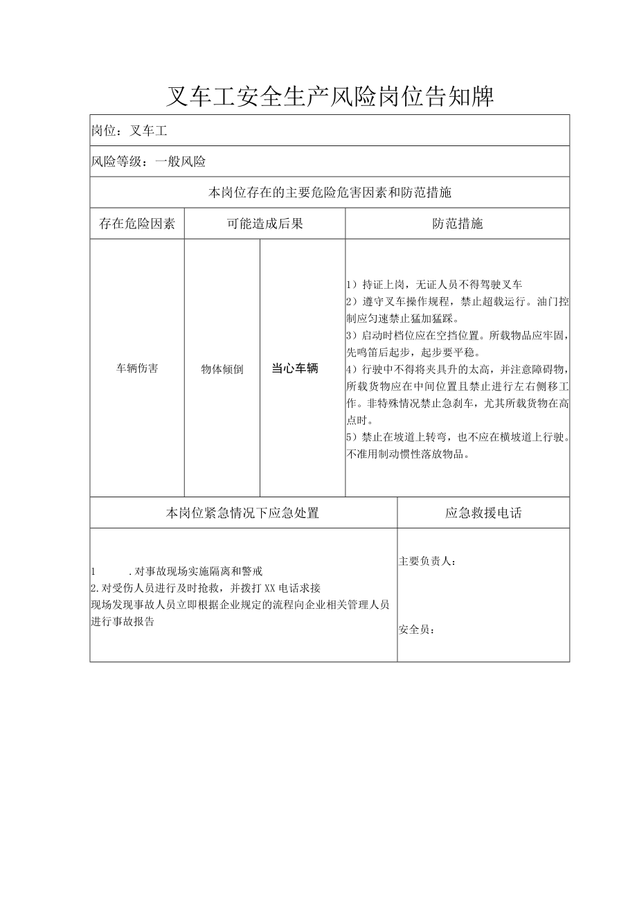 叉车工安全生产风险岗位告知牌.docx_第1页