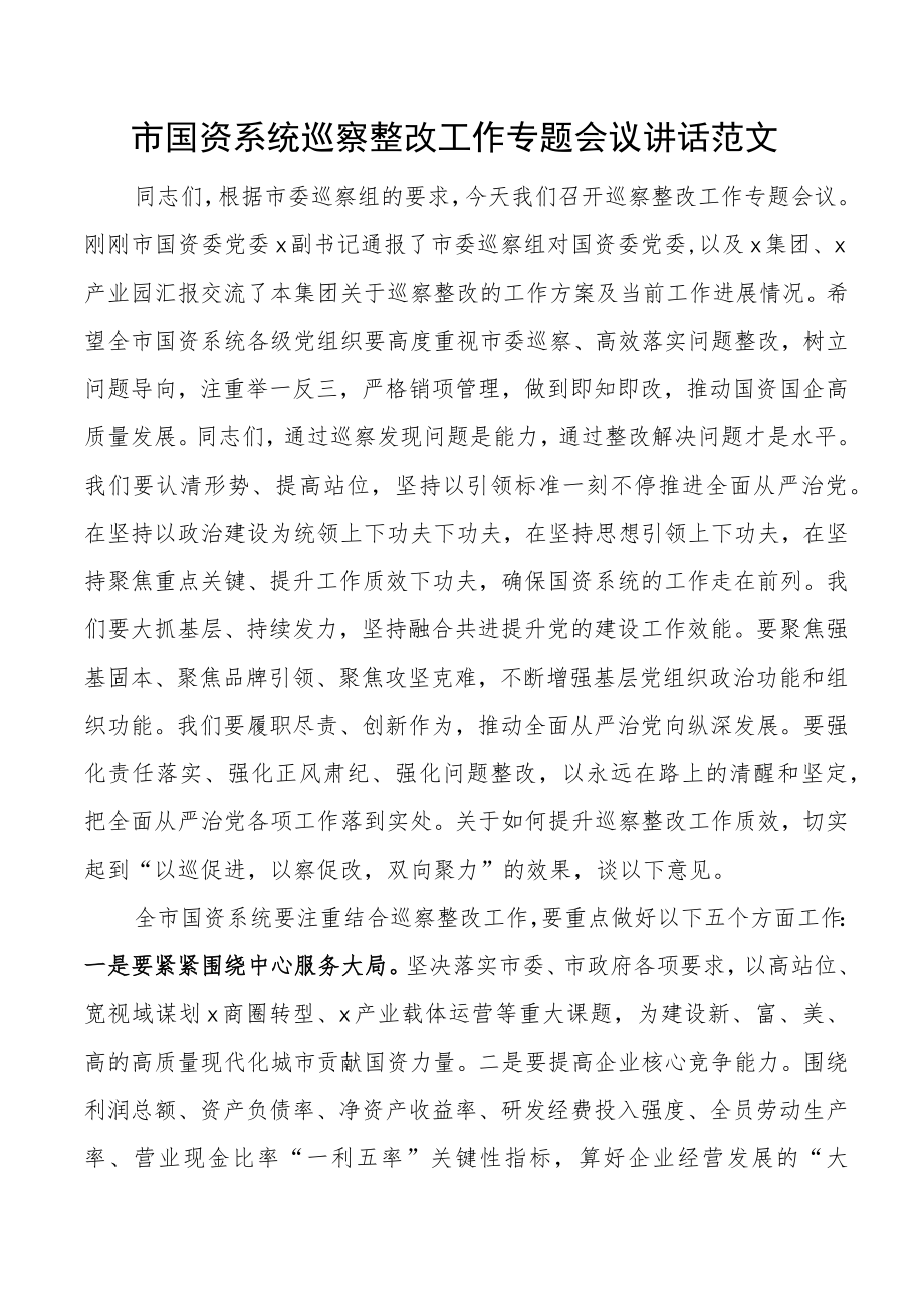 市国资系统巡察整改工作会议讲话.docx_第1页