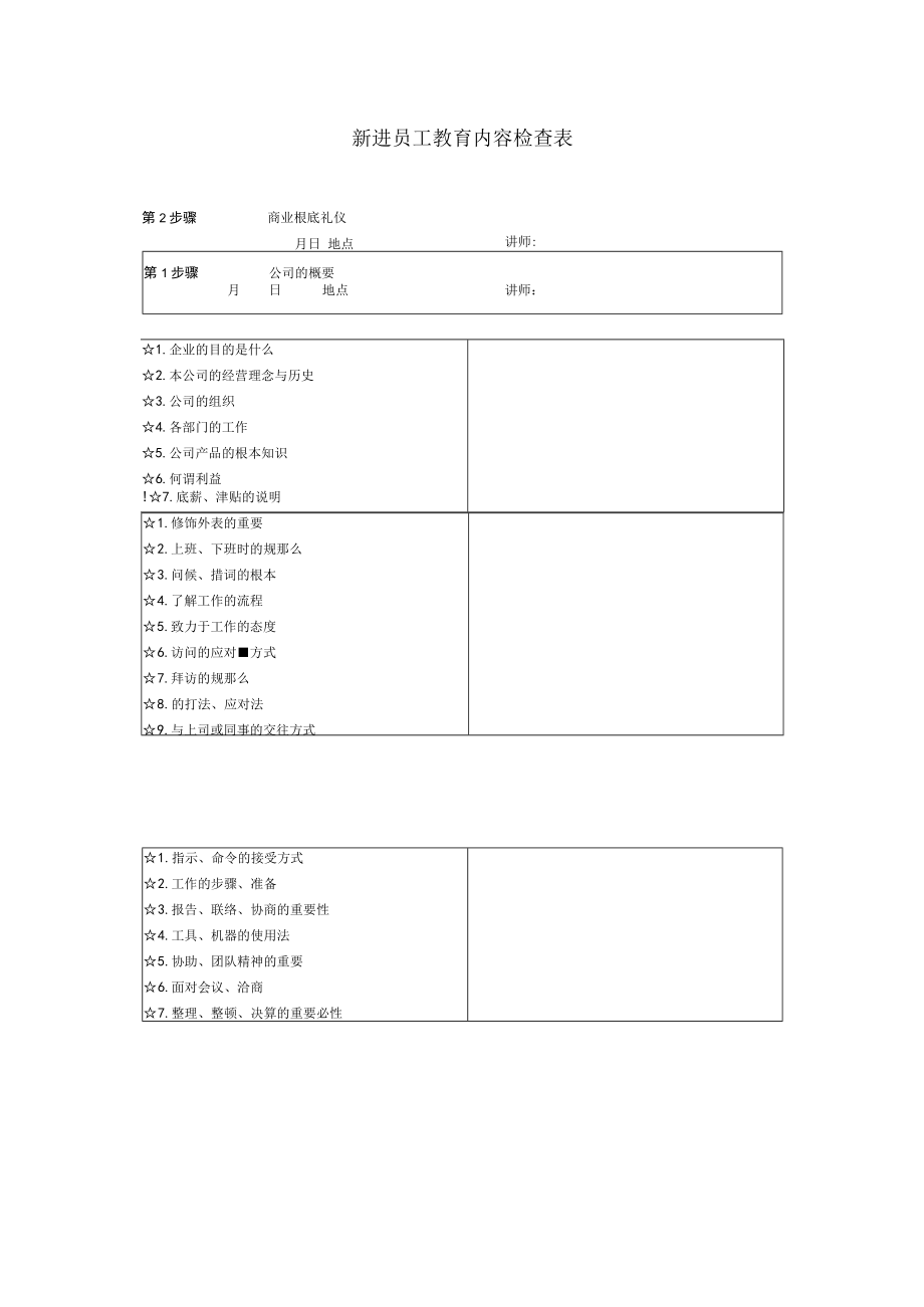 新进员工教育内容检查表.docx_第1页