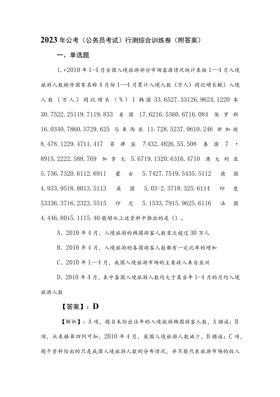 2023年公考（公务员考试）行测综合训练卷（附答案）.docx_第1页