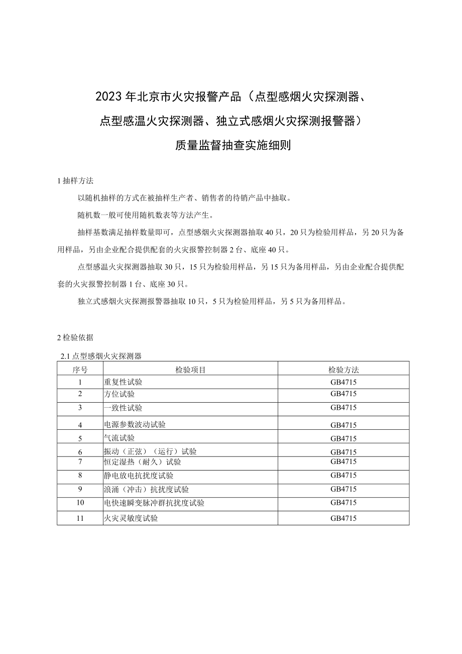 2023年北京市火灾报警产品（点型感烟火灾探测器、点型感温火灾探测器、独立式感烟火灾探测报警器）质量监督抽查实施细则.docx_第1页