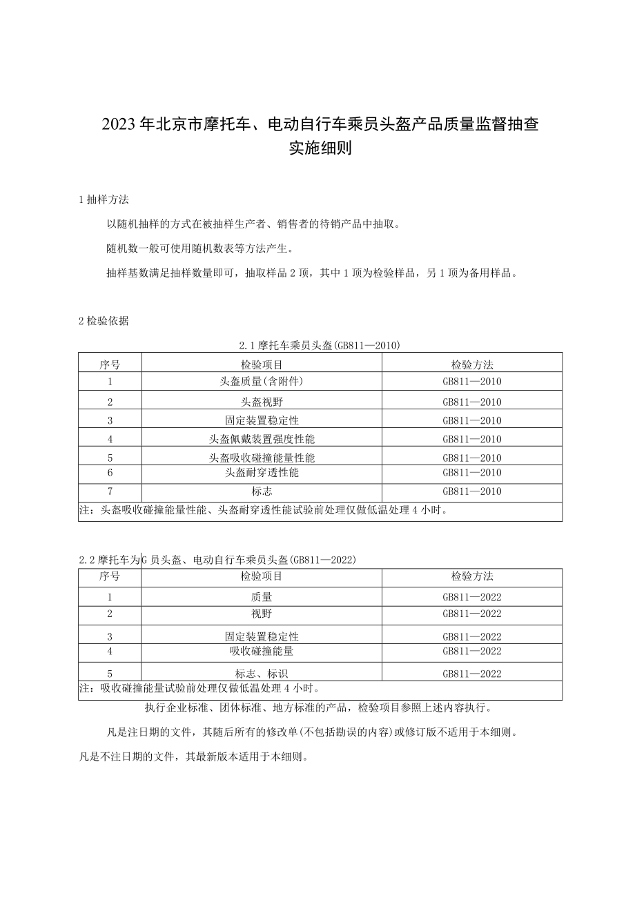 2023年北京市摩托车、电动自行车乘员头盔产品质量监督抽查实施细则.docx_第1页