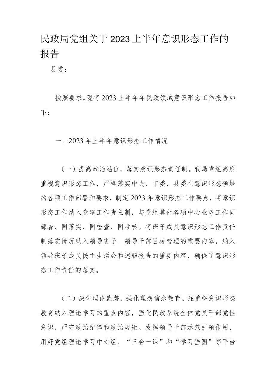 民政局党组关于2023上半年意识形态工作的报告.docx_第1页