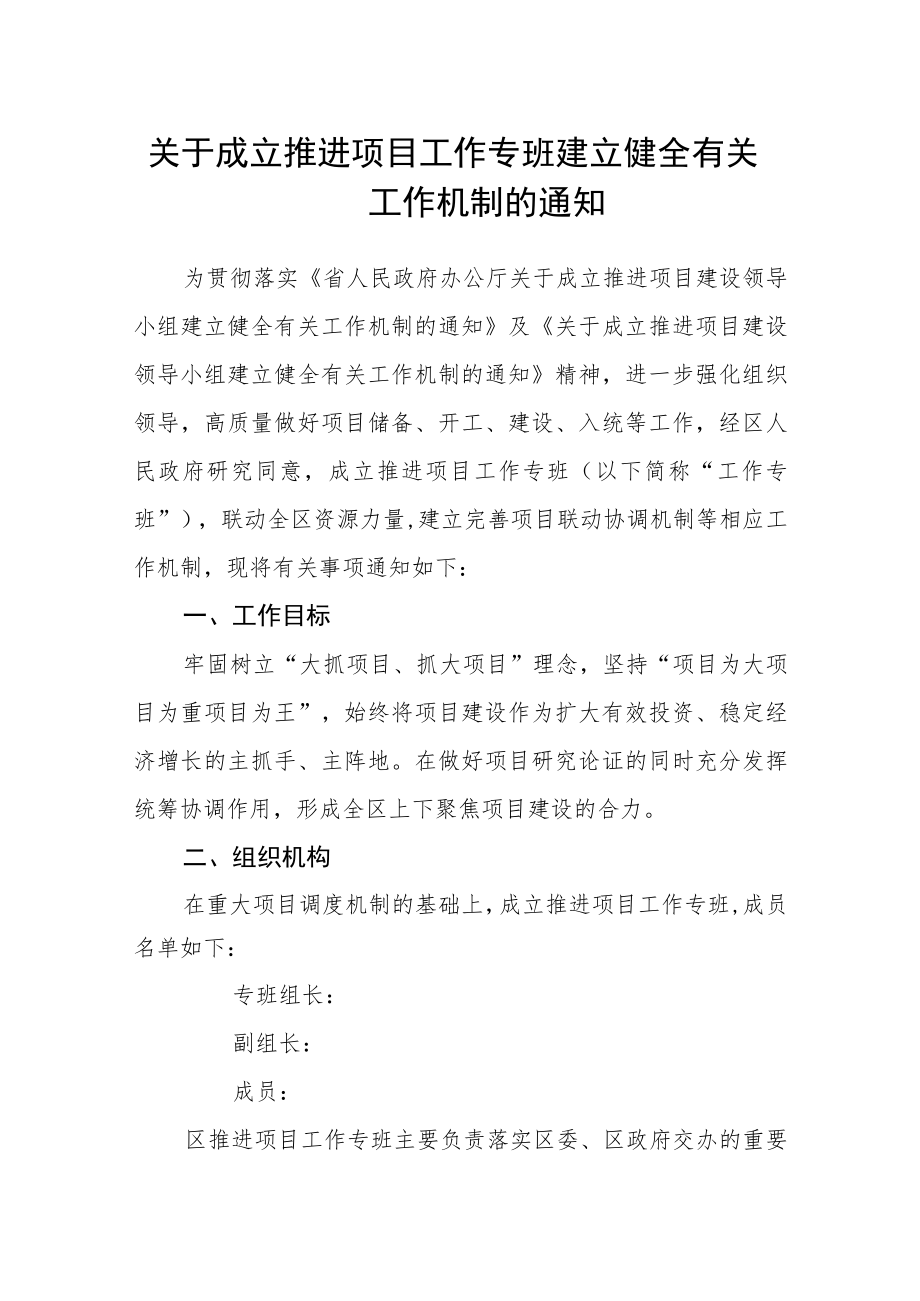 关于成立推进项目工作专班建立健全有关工作机制的通知.docx_第1页