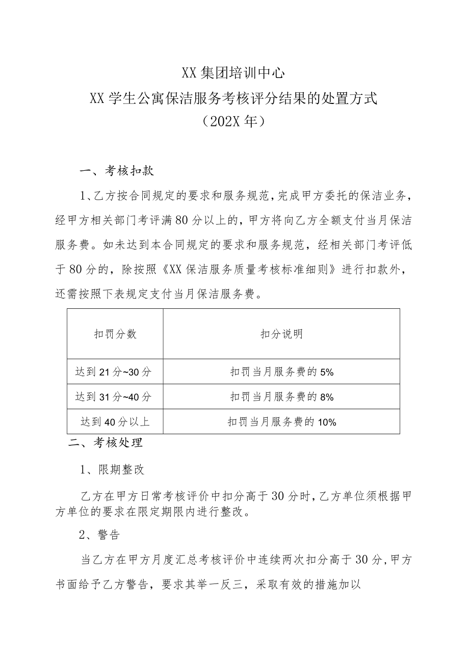 XX集团培训中心XX学生公寓保洁服务考核评分结果的处置方式（202X年）.docx_第1页