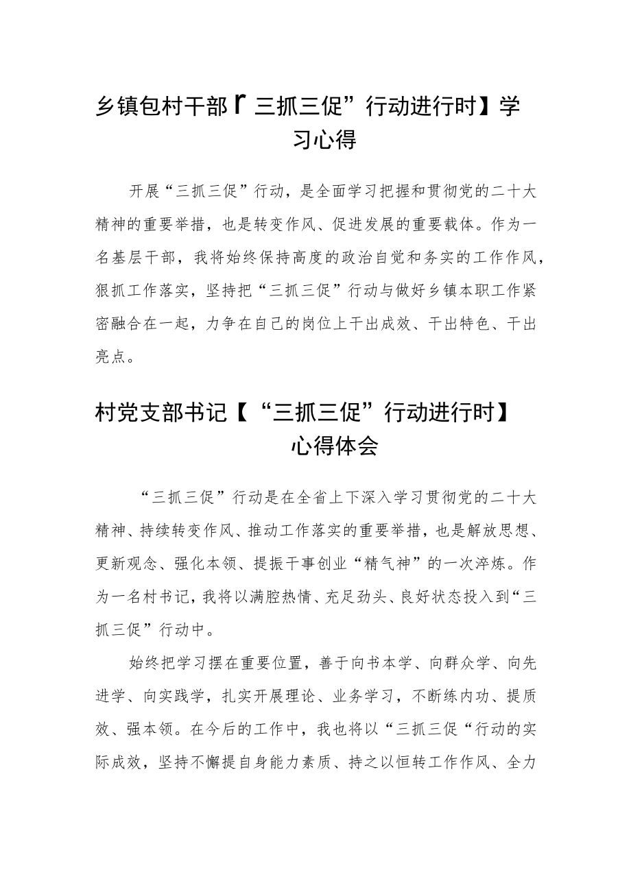 乡镇包村干部【“三抓三促”行动进行时】学习心得范文三篇.docx_第1页