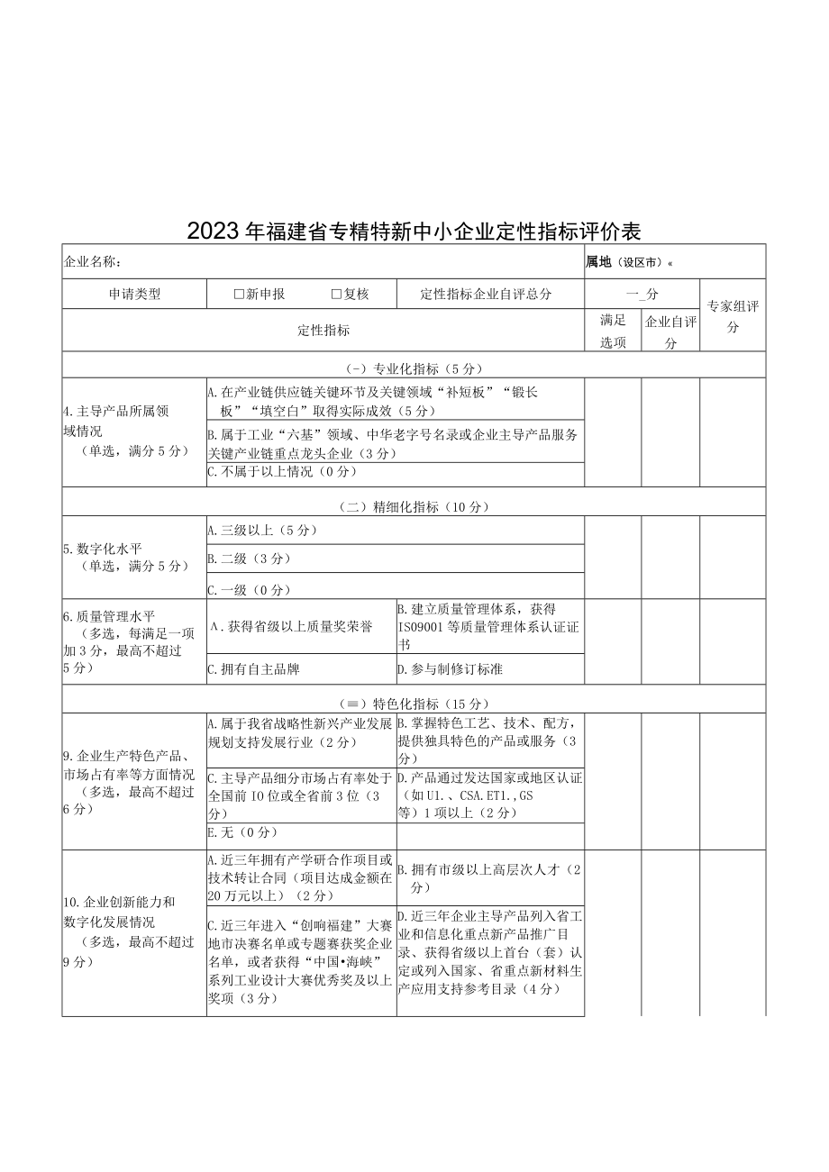 福建省专精特新中小企业定性指标、定量指标、直通条件评价表、材料清单.docx_第1页