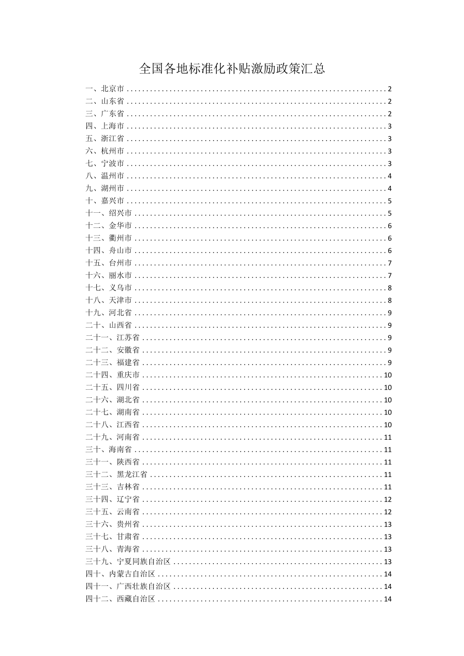 2023年全国各地标准化补贴激励政策汇总.docx_第1页