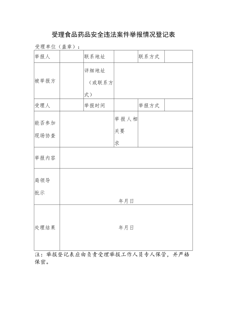 受理食品药品安全违法案件举报情况登记表.docx_第1页