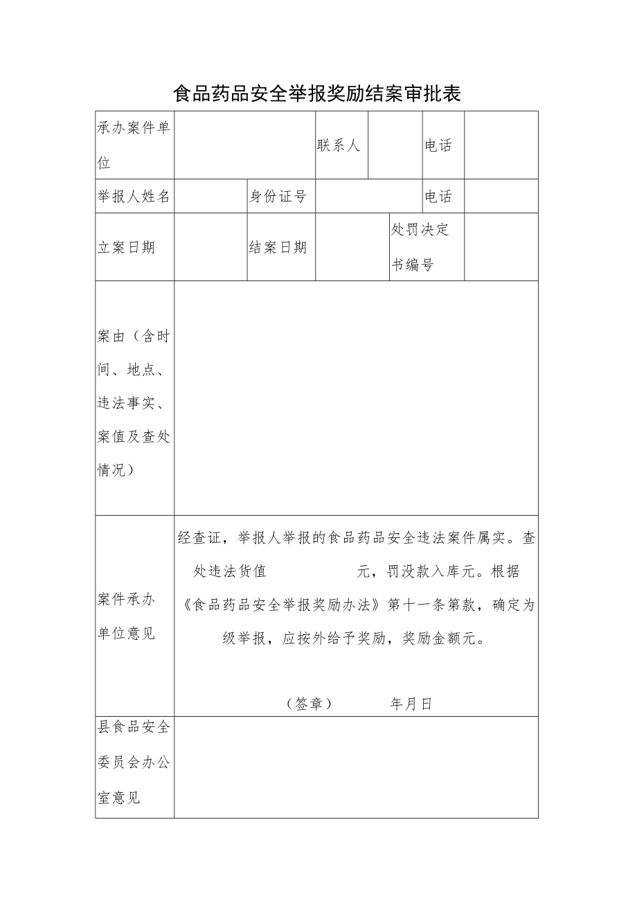 食品药品安全举报奖励结案审批表.docx_第1页