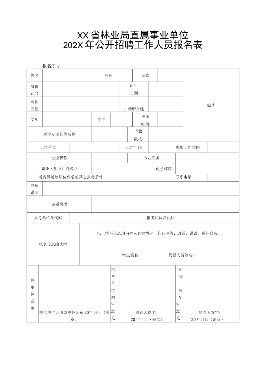 XX省林业局直属事业单位202X年公开招聘工作人员报名表.docx_第1页