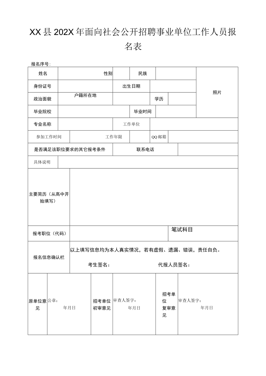 XX县202X年面向社会公开招聘事业单位工作人员报名表.docx_第1页