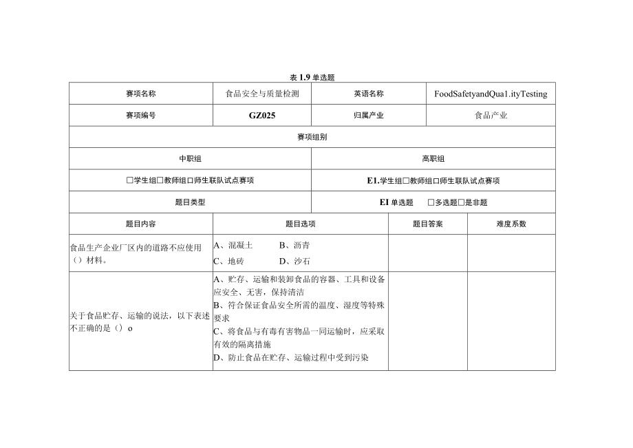 GZ025 食品安全与质量检测赛题第9套-2023年全国职业院校技能大赛拟设赛项赛题完整版（10套）.docx_第1页