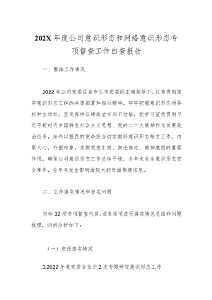 202X年度公司意识形态和网络意识形态专项督查工作自查报告.docx