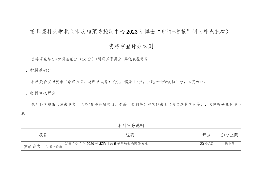 首都医科大学北京市疾病预防控制中心2023年博士“申请-考核”制补充批次资格审查评分细则.docx_第1页