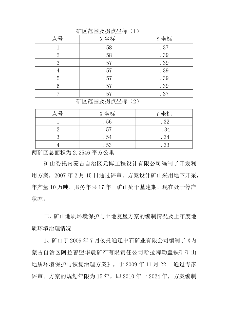 阿拉善盟华晨矿产有限责任公司哈拉陶勒盖铁矿2022年度矿山地质环境治理计划书.docx_第2页