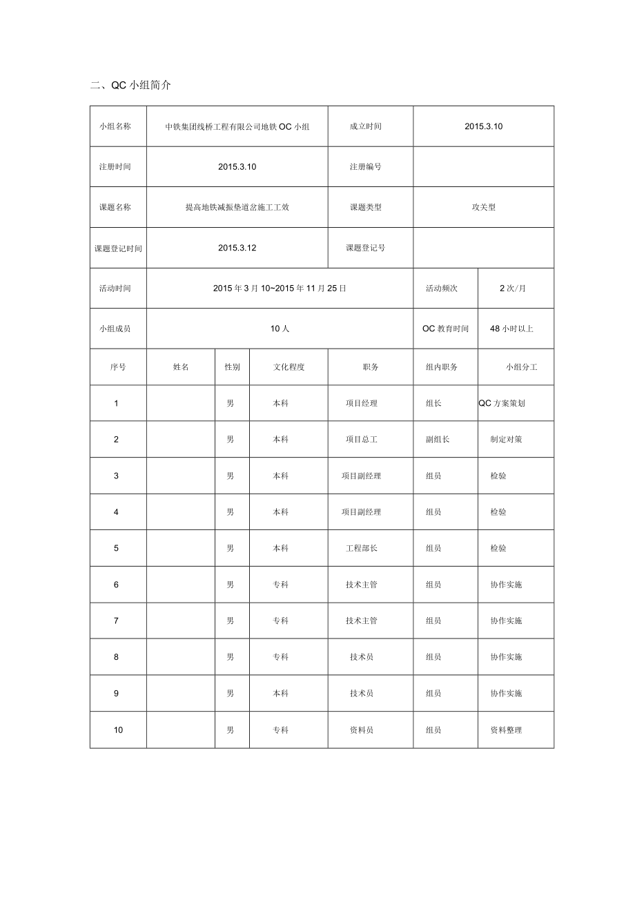 轨道工程QC小组提高地铁减振垫道岔施工工效成果汇报书.docx_第2页