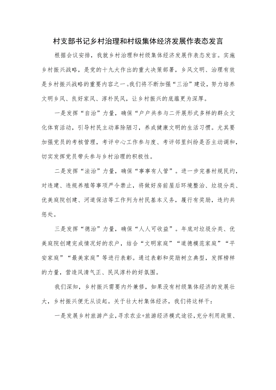 村支部书记乡村治理和村级集体经济发展作表态发言.docx_第1页