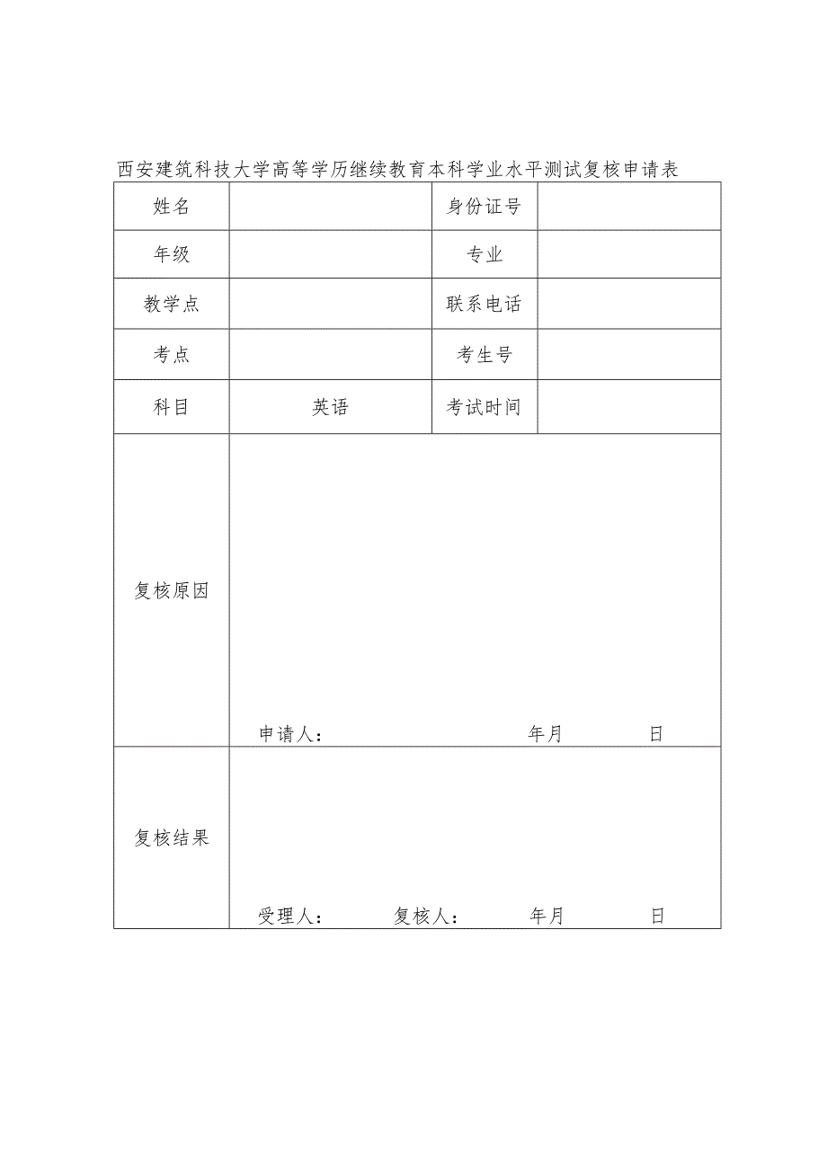 西安建筑科技大学高等学历继续教育本科学业水平测试复核申请表.docx_第1页