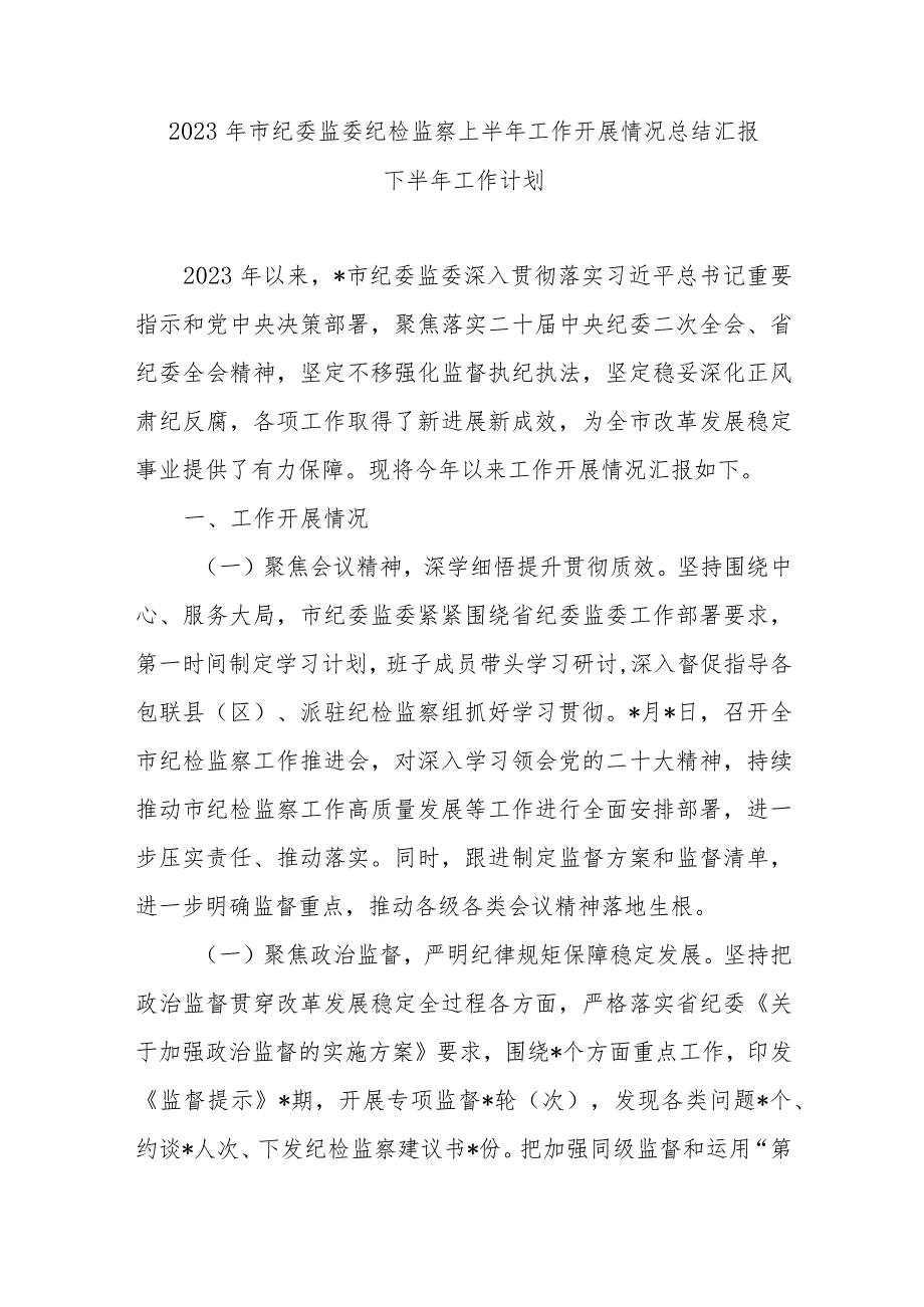 2023年市纪委监委纪检监察上半年工作开展情况总结汇报下半年工作计划及党课讲稿.docx_第2页