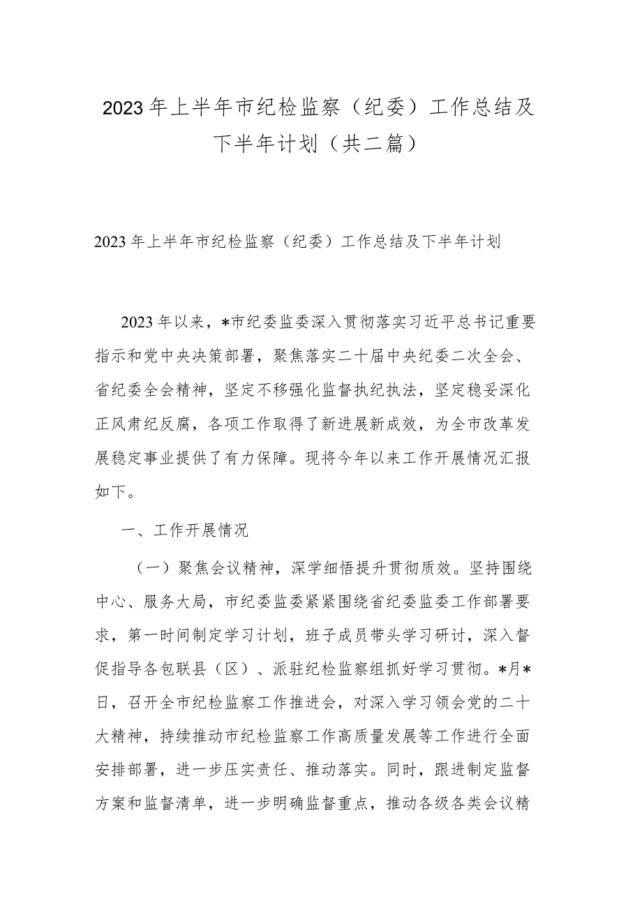 2023年上半年市纪检监察（纪委）工作总结及下半年计划(共二篇).docx_第1页