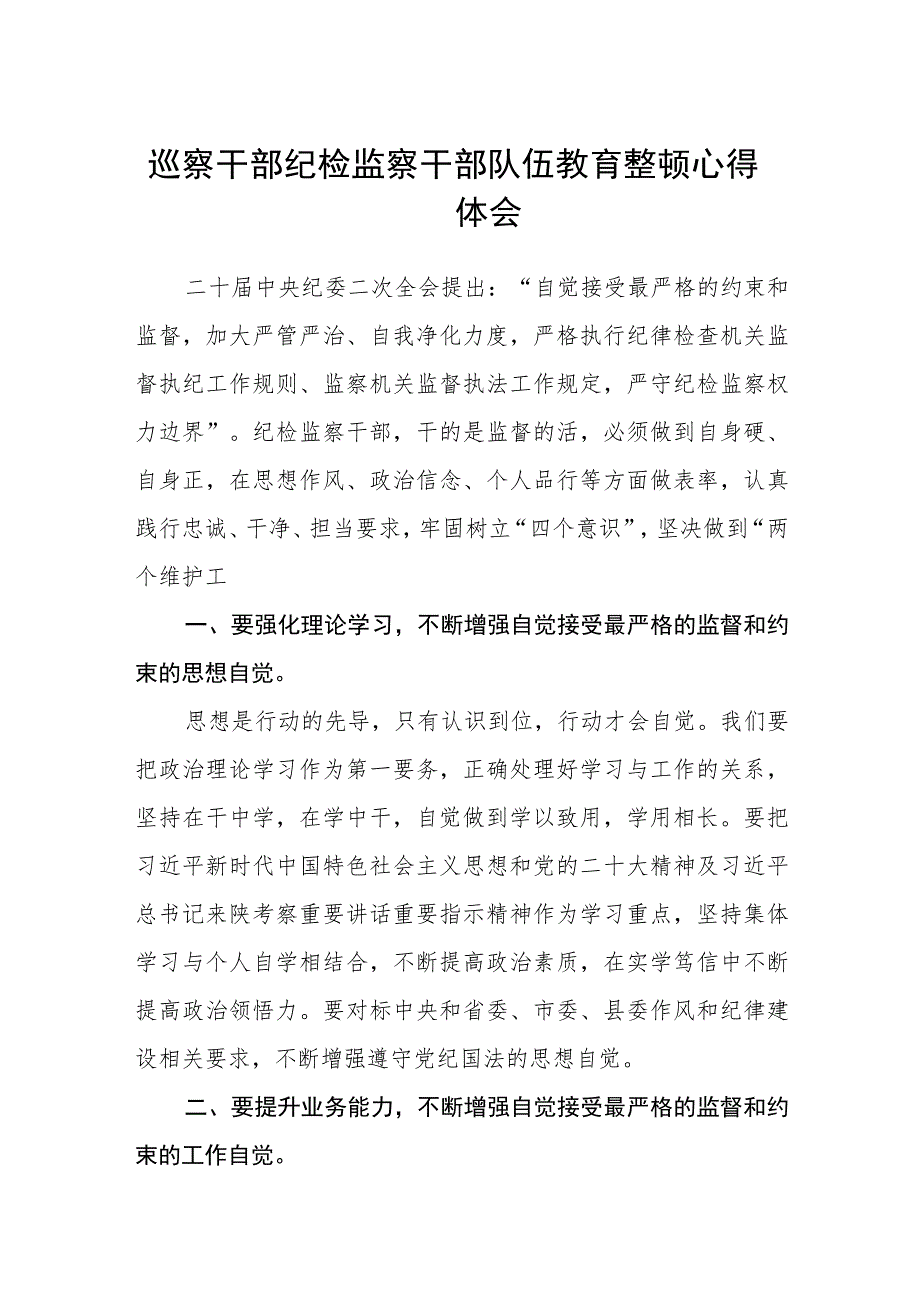 2023巡察干部纪检监察干部队伍教育整顿心得体会【3篇精选】供参考.docx_第1页