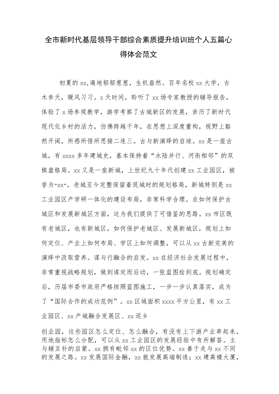 全市新时代基层领导干部综合素质提升培训班个人五篇心得体会范文.docx_第1页